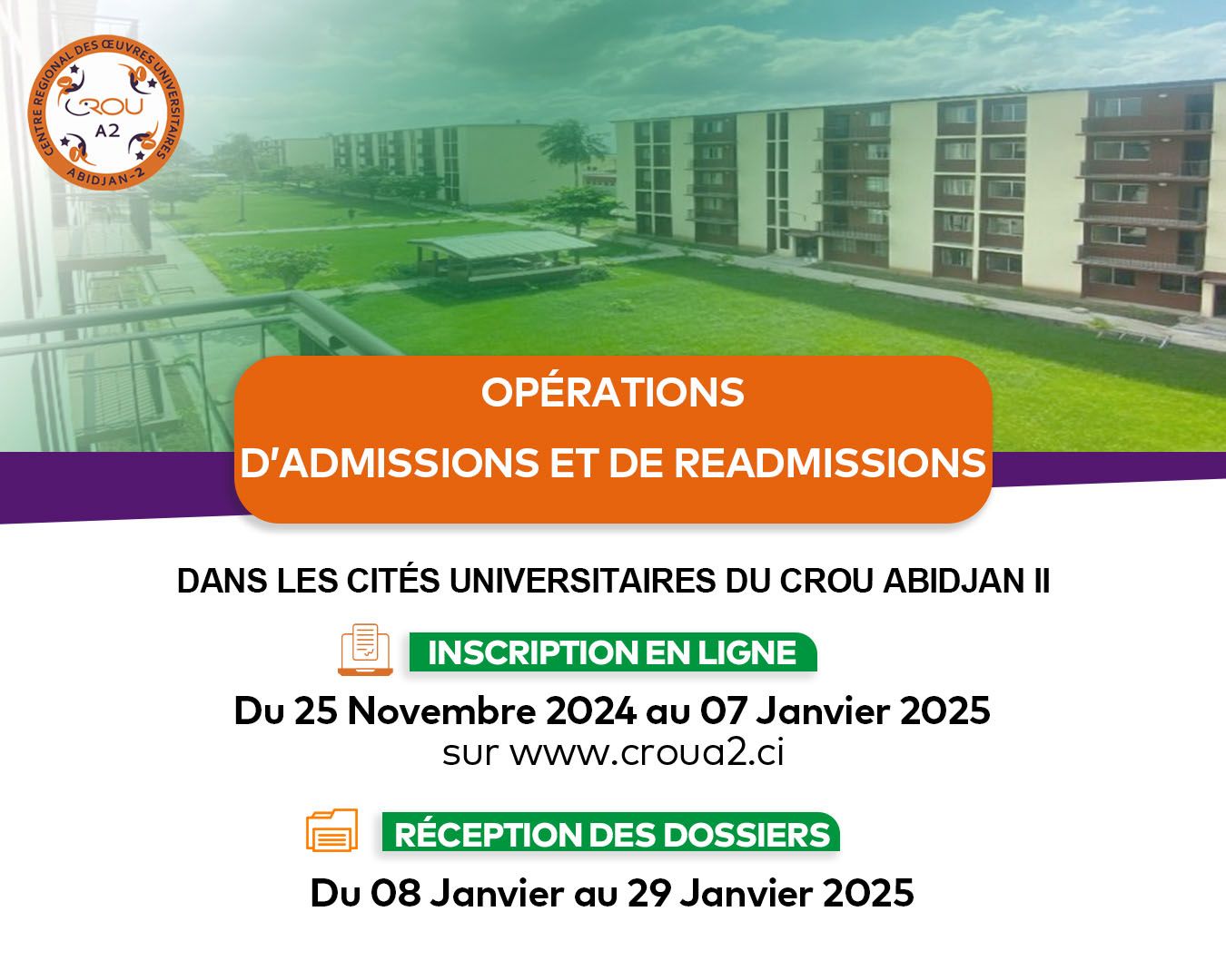 INFORMATION RELATIVE A L&rsquo;OPÉRATION D&rsquo;ADMISSION ET RÉADMISSION DANS LES RÉSIDENCES UNIVERSITAIRES SESSION 2024-2025