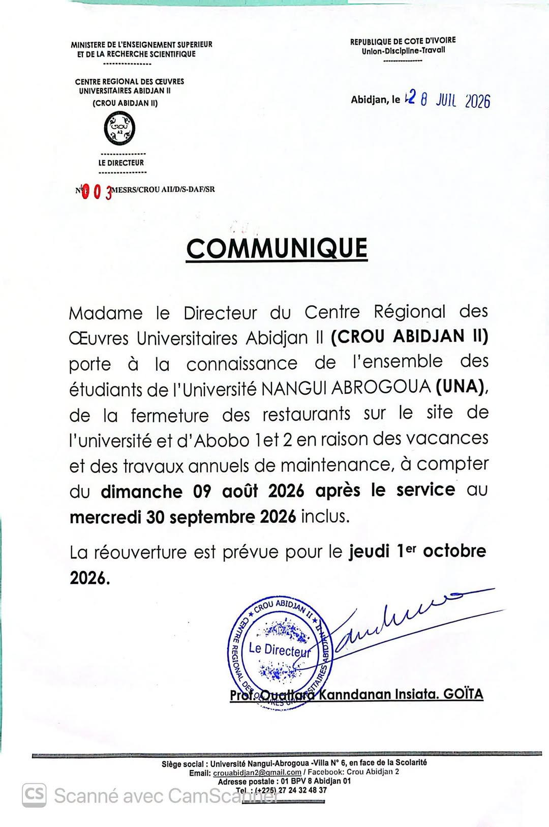 🔔COMMUNIQUÉ 🔔  relatif à la fermeture temporaire des restaurants universitaires du CROU Abidjan II